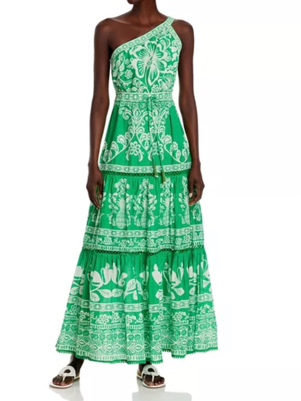 NWT Farm Rio Sweet Garden Green White One Shoulder Cotton Printed Maxi Dress XS